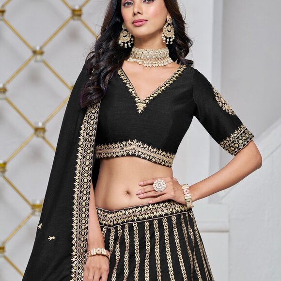 Bridal Wear Black Art Silk Embroidered Festive Lehenga Choli For Women - Picture 5 of 5